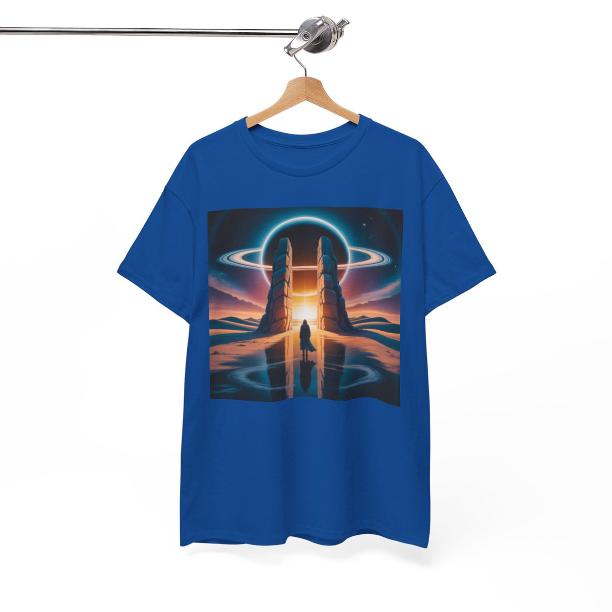 Close-up of Cosmic Gateway Tee — Sci-Fi Sunset Portal Graphic T-Shirt displaying the detailed art on cotton fabric.