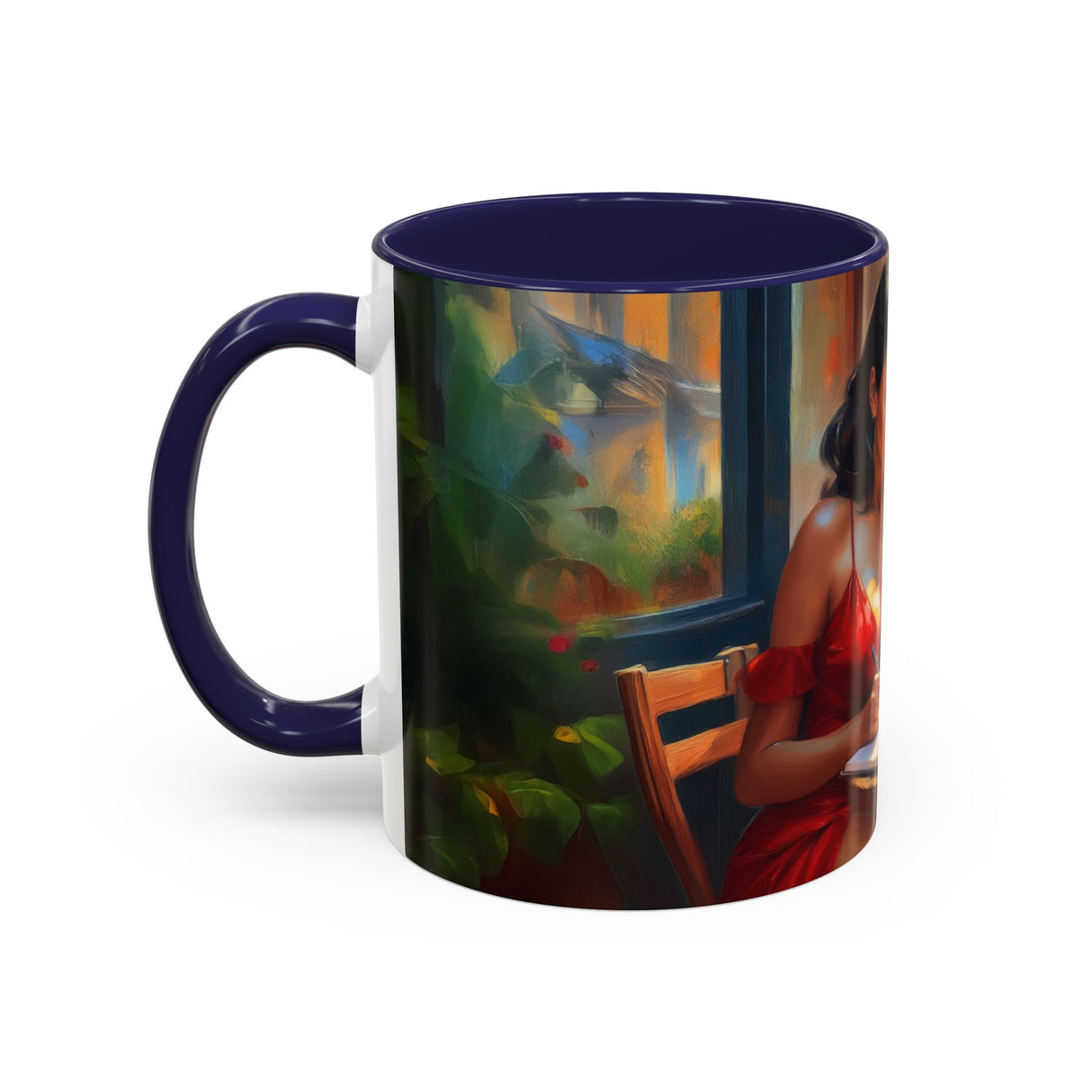 Parisian Dream Coffee Mug - 11oz on a table with light reflections showcasing its glossy finish.