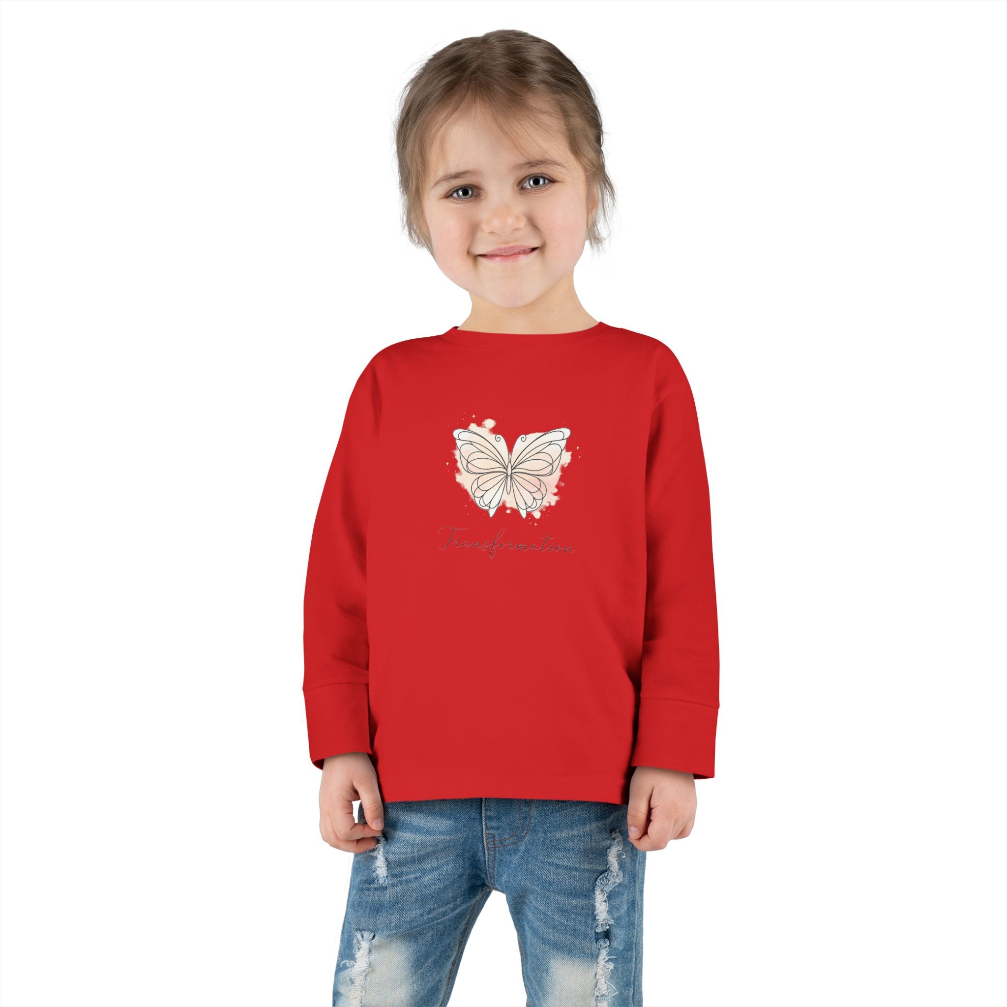 Transformation Pastel Butterfly Graphic Kids Shirt —Toddler Long Sleeve Tee