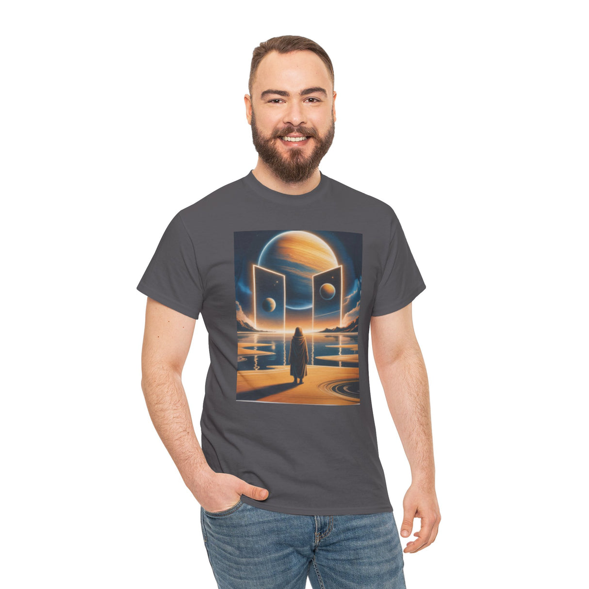 Cosmic Gateway T-Shirt spread out showcasing the captivating sci-fi planet illustration.