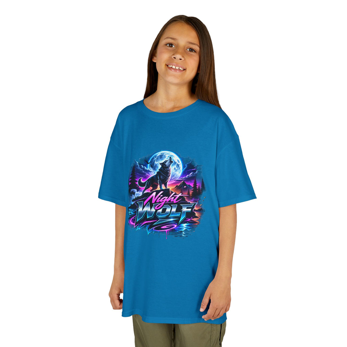 Retro 'Night Wolf' Neon Synthwave Graphic Tee — Kids T‑Shirt