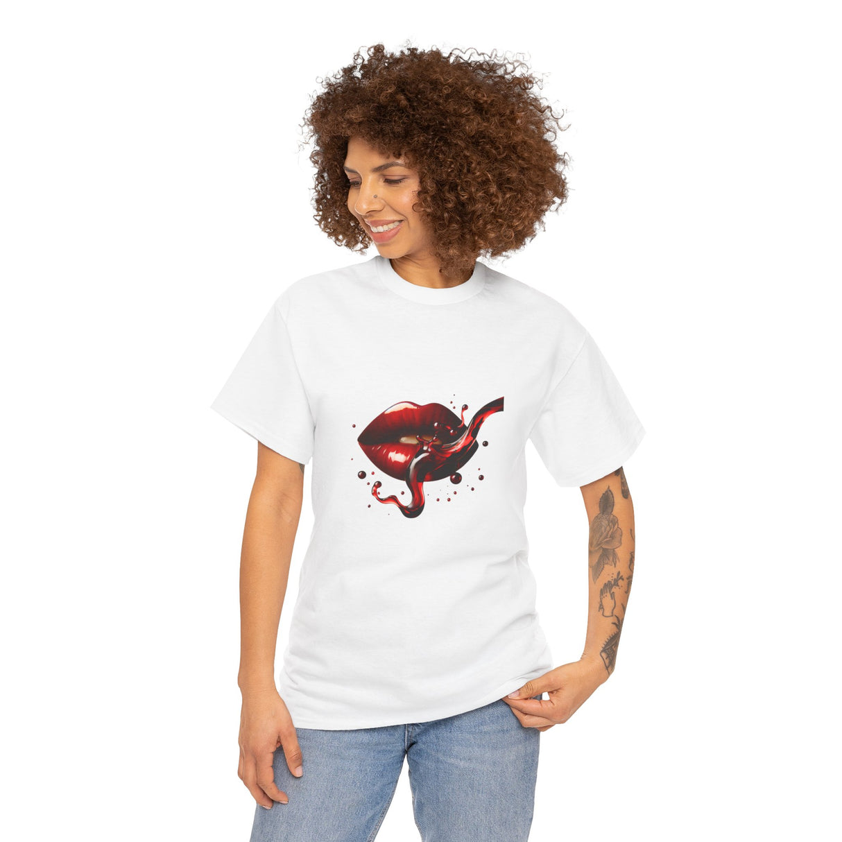 Front view of the Lip Bite Graphic Tee displaying its eye-catching red lips design.