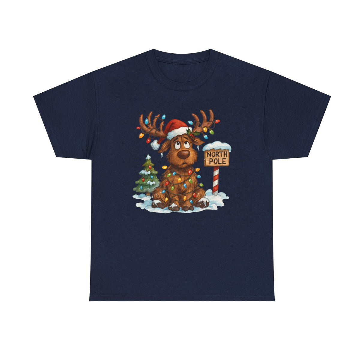 Model wearing the Christmas Reindeer Tee, displaying a festive design with a wrapped reindeer and a North Pole theme.