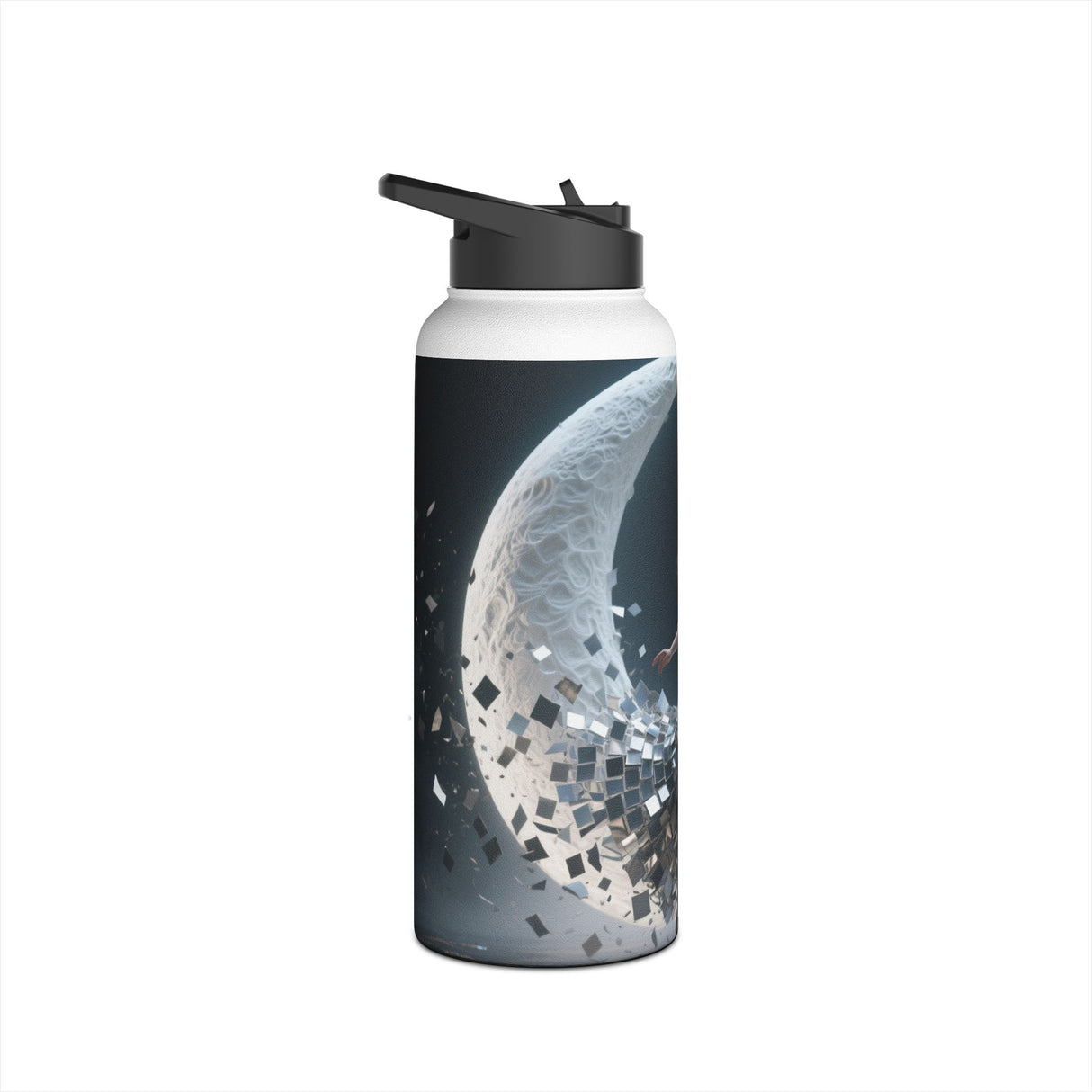 Colorful display of the Sunset Cove Stainless Steel Water Bottle emphasizing its high-resolution printed sunset landscape.