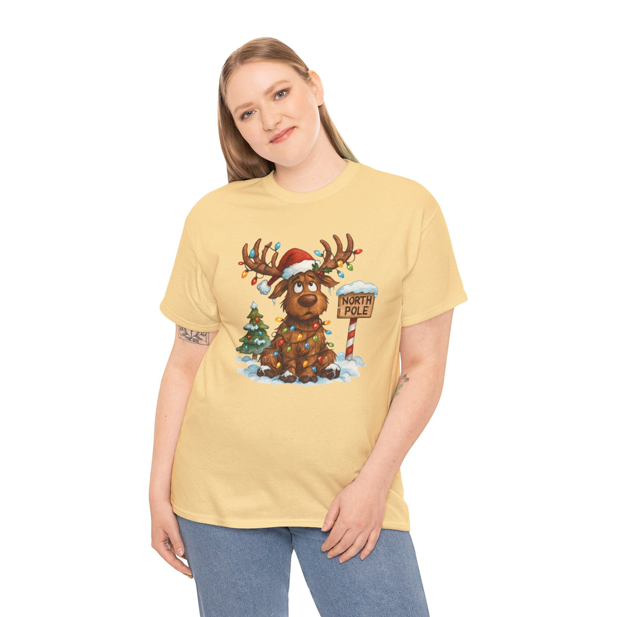 Fun holiday design of the Christmas Reindeer Tee featuring a decorated tree and festive lights.
