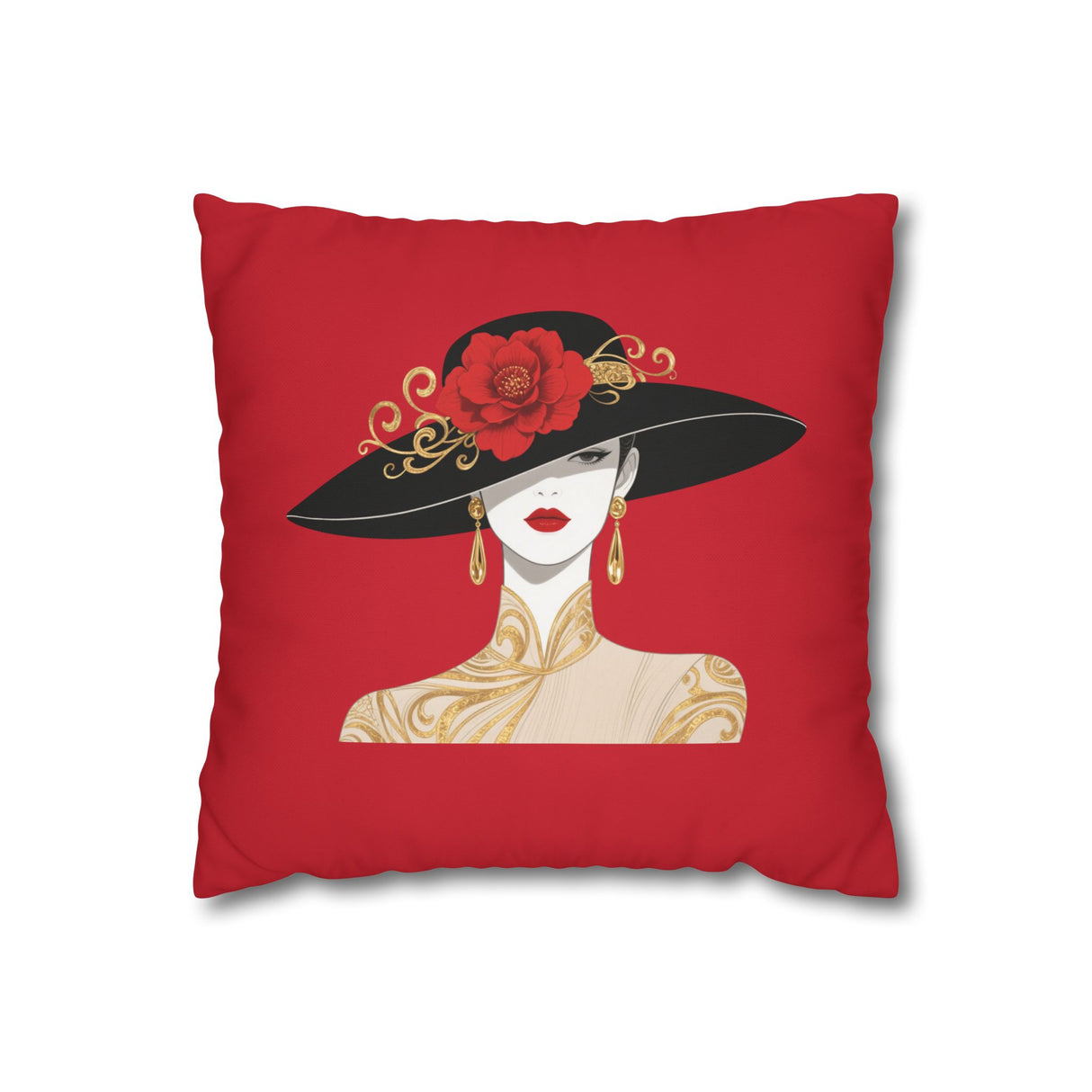 Elegant Red Lady Pillowcase — Decorative Square Accent Pillow Cover 16" × 16"