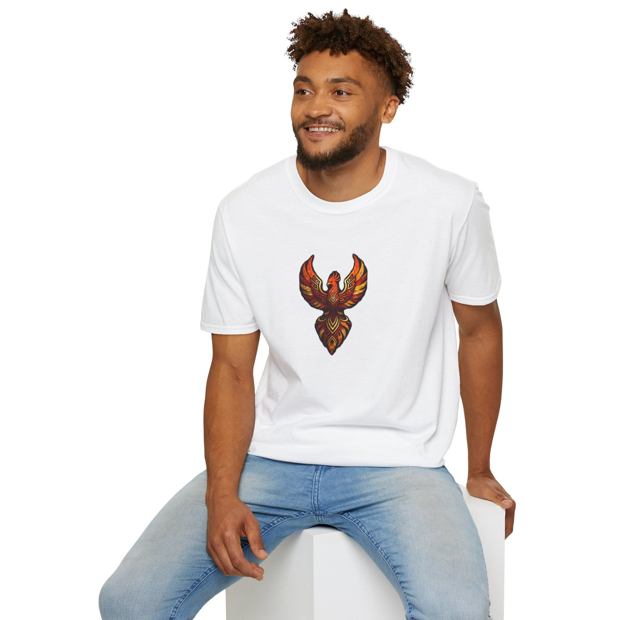 Phoenix Tribal Graphic T-Shirt Fiery Bird Design Tee in urban setting, featuring a vibrant phoenix design white
