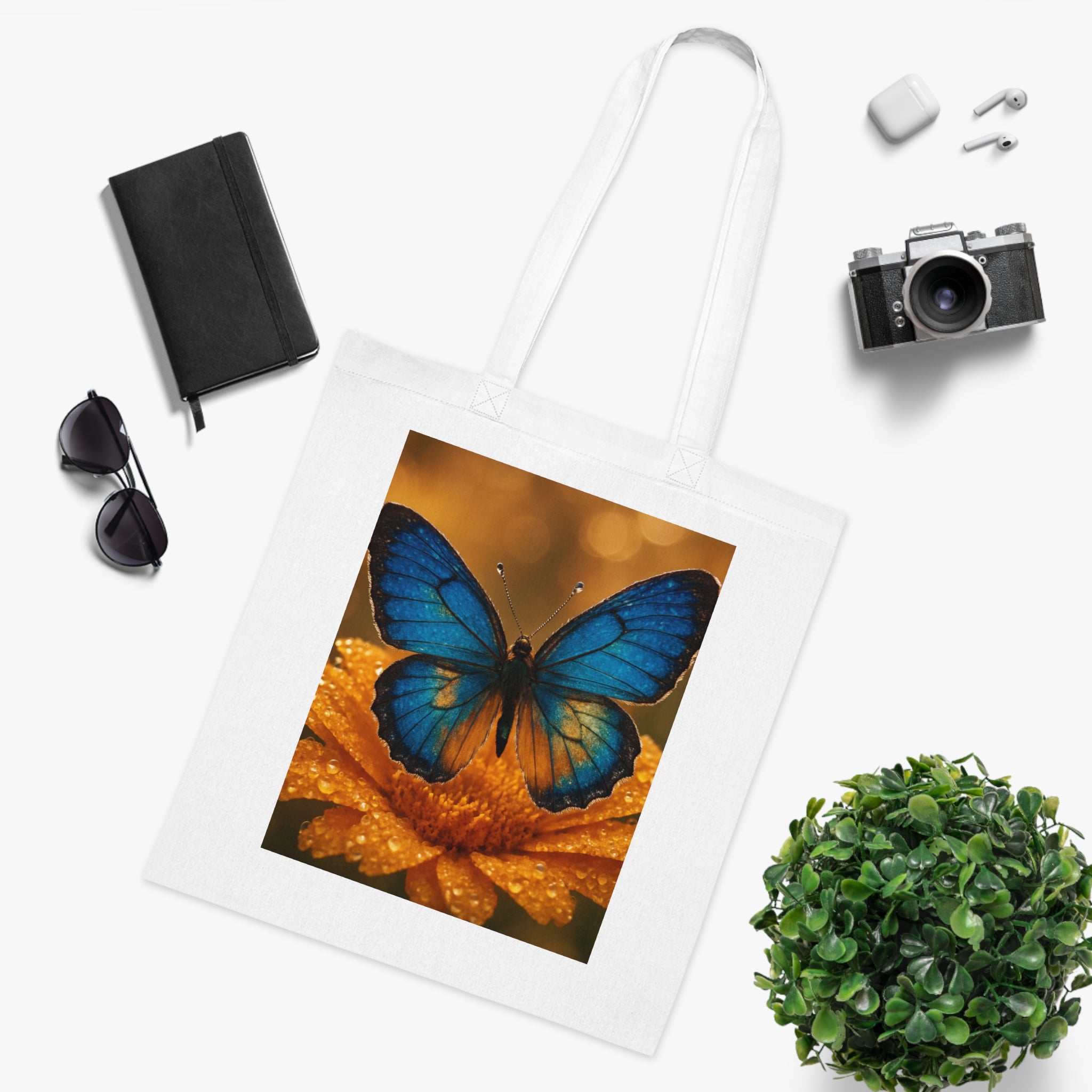 Blue Butterfly Cotton Tote — Nature Floral Reusable Shopper Bag, showcasing its design with water droplets on the fabric for a fresh look.