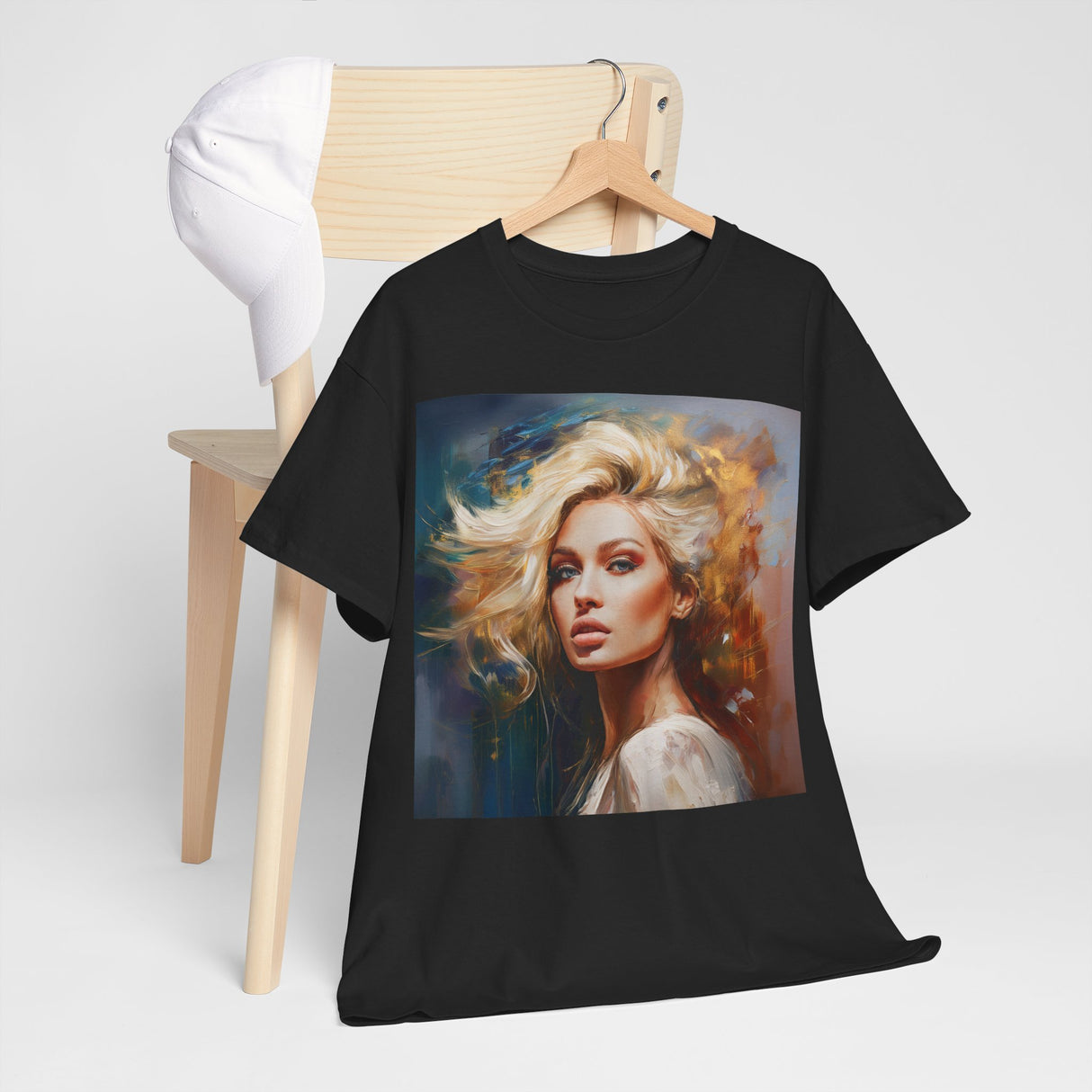 Model wearing the Portrait Art T-Shirt in a cozy indoor setting, showcasing its relaxed style.