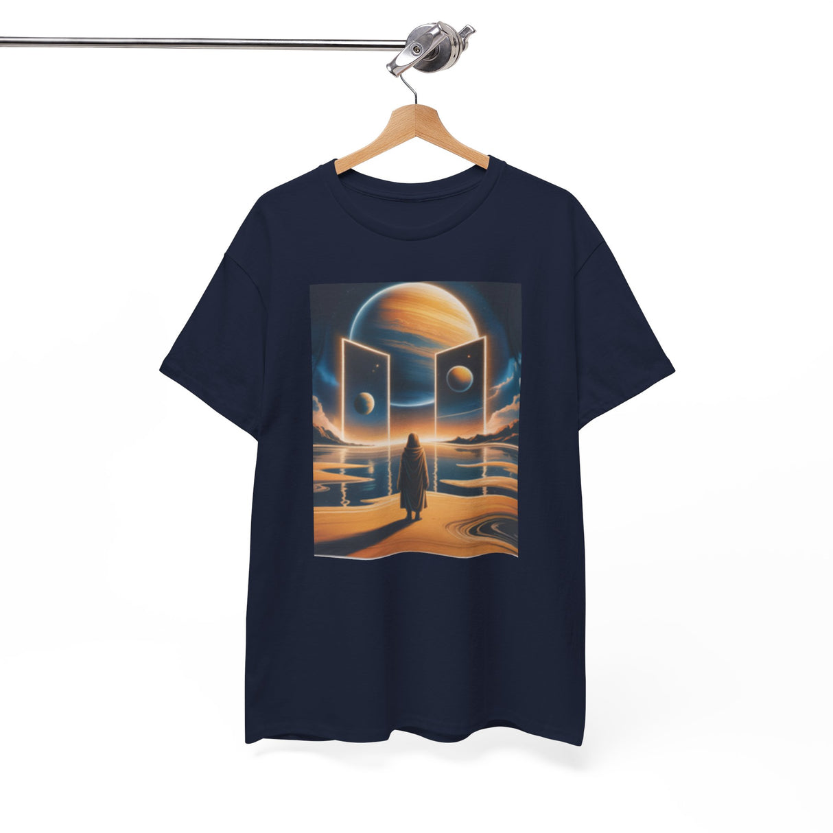 T-Shirt — Cosmic Portal Nightscape Graphic Tee featuring vibrant colors and sci-fi imagery of a ringed planet.
