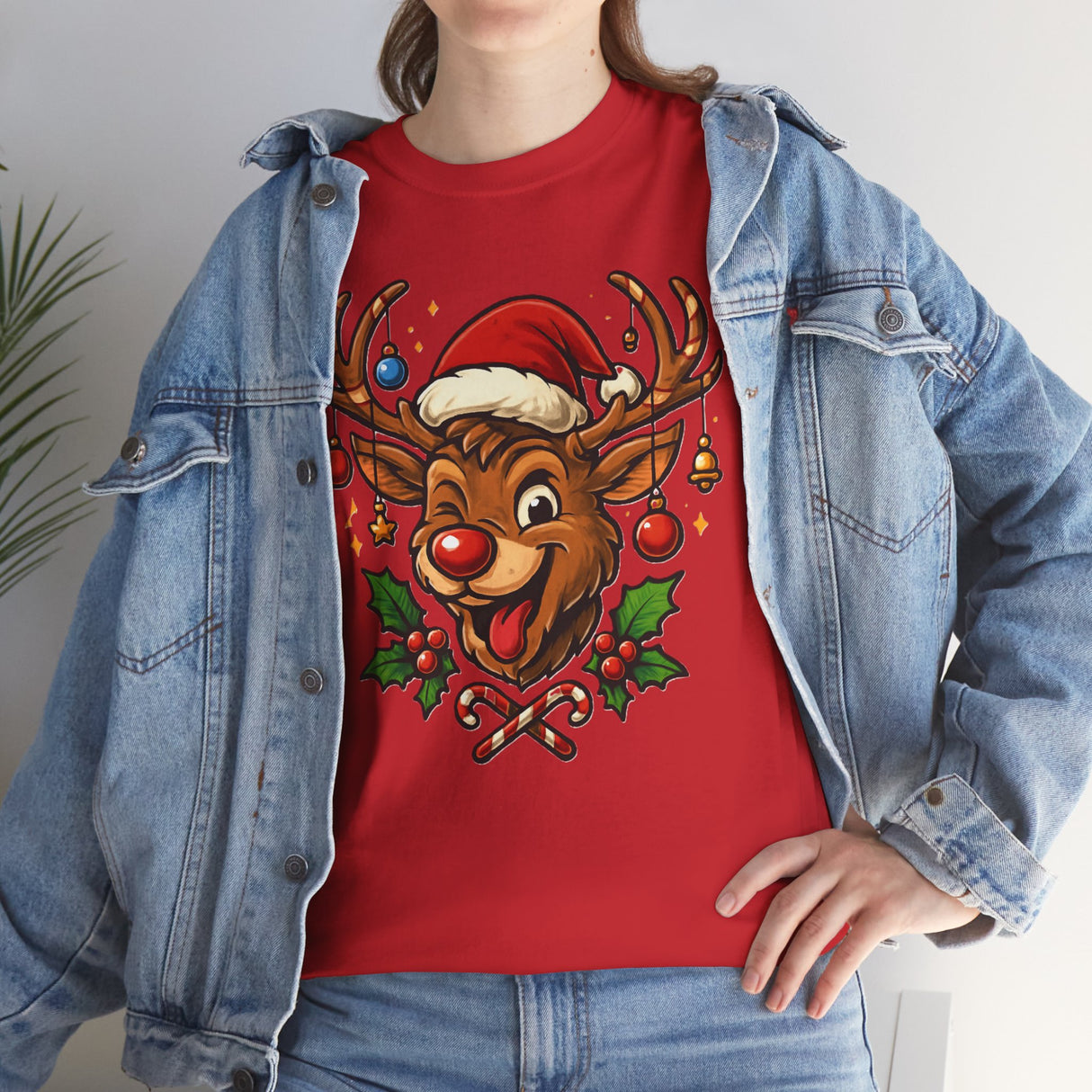 Bright design of the Christmas Reindeer Tee featuring a jolly Rudolph, perfect for spreading holiday cheer.