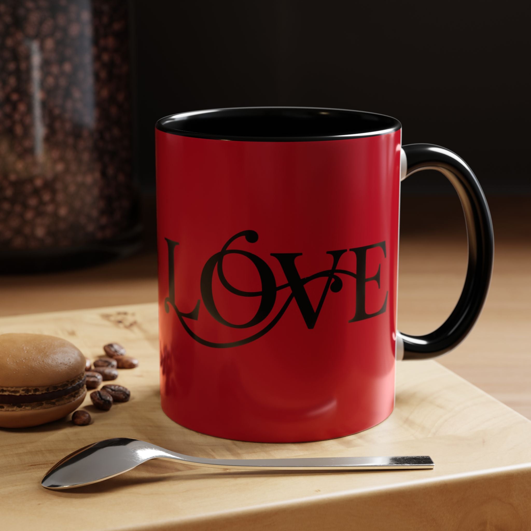 Love Script Accent Coffee Mug — Red & Black Romantic Ceramic Coffee Cup (11oz)