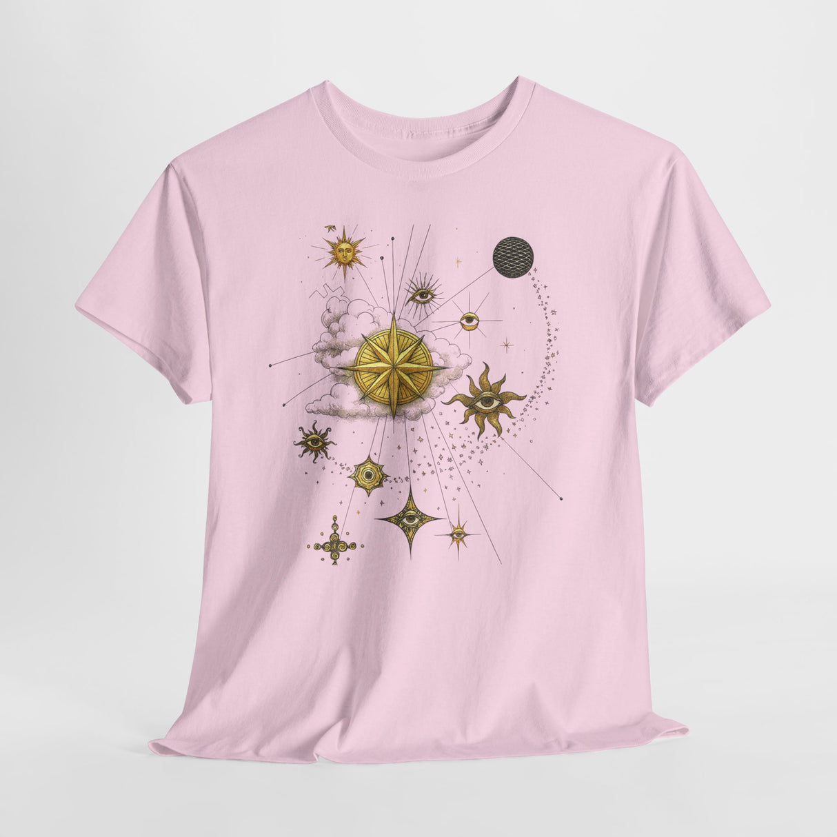 Celestial Compass Tee — Gold Star & Moon Astrology Graphic Shirt presenting its stylish appeal in an outdoor gathering.