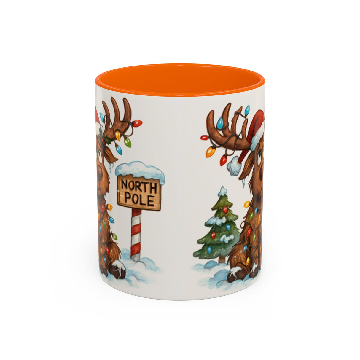 Mug design of Christmas Reindeer Coffee Mug showing a whimsical reindeer in holiday lights against a snowy backdrop.