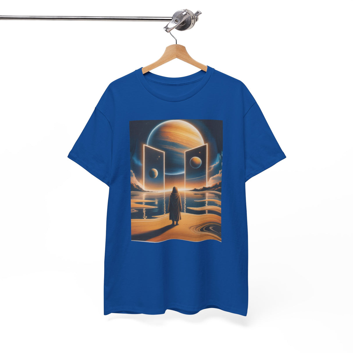 Cosmic Gateway T-Shirt in a creative setting, illustrating its appeal for sci-fi enthusiasts.