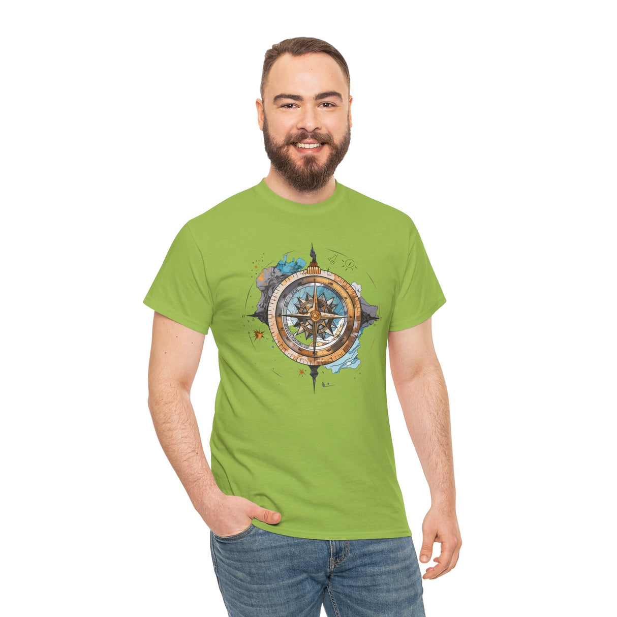 Model enjoying a seaside walk wearing Compass Rose T-Shirt, capturing the spirit of adventure — Vintage Nautical Adventure Graphic Tee