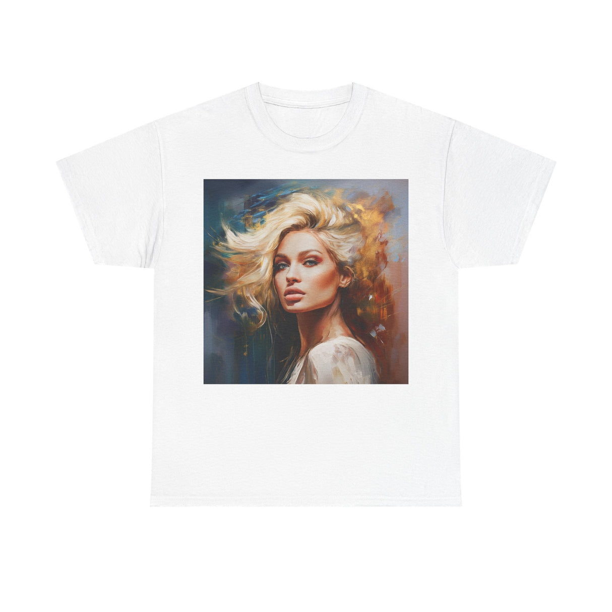 Portrait Art T-Shirt displayed laid flat to emphasize the vibrant graphic and fabric texture.