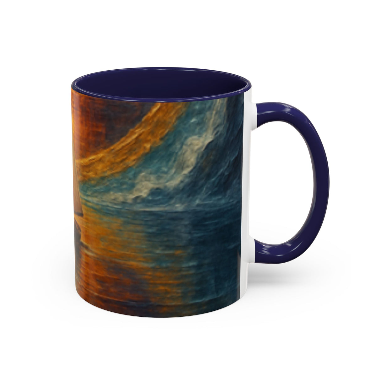 Sail into the Sun Ceramic Coffee Mug shown with ocean-themed decor items, enhancing its nautical theme.