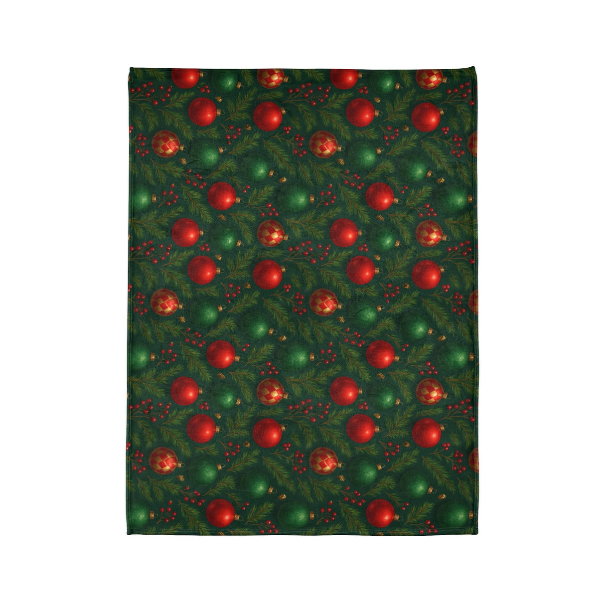 Beautifully crafted Christmas Ornament Holiday Blanket with a plush red and green bauble design, perfect for snuggling up during the holidays.