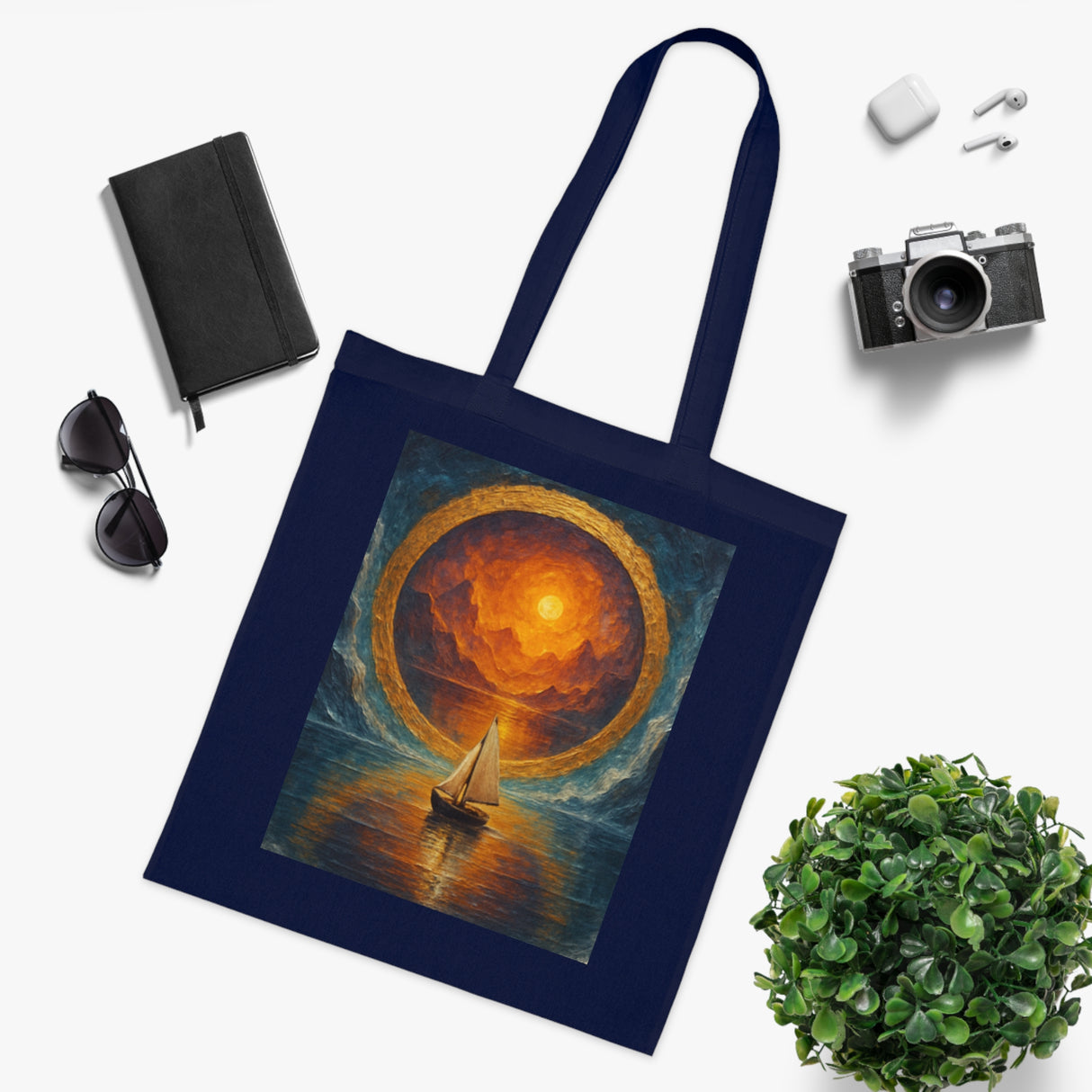 Sailboat Sunset Tote Bag – A person wearing the tote casually while enjoying a sunset, highlighting its practical elegance.