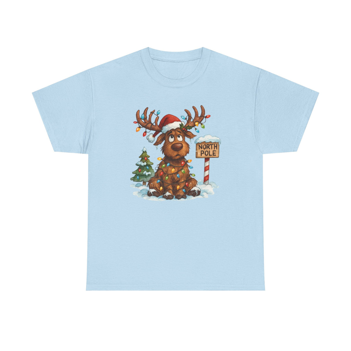 Detailed view of the North Pole sign on the Christmas Reindeer Tee, perfect for holiday cheer.
