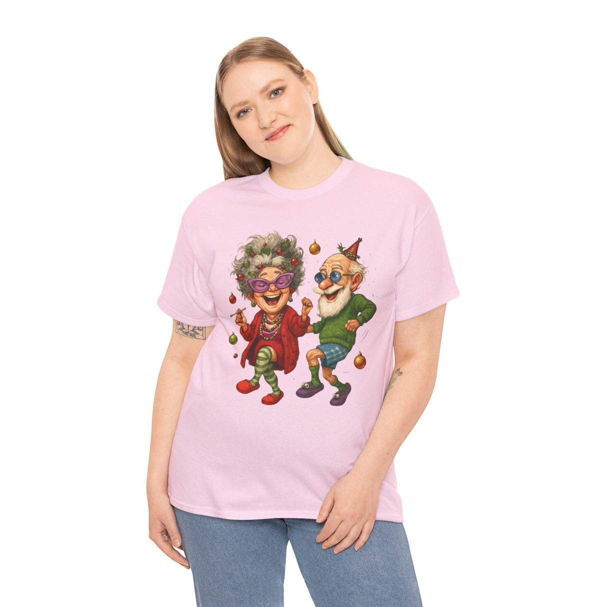 Cute and funny Dancing Seniors Illustration T‑Shirt showing an elderly couple sharing a joyful dance.