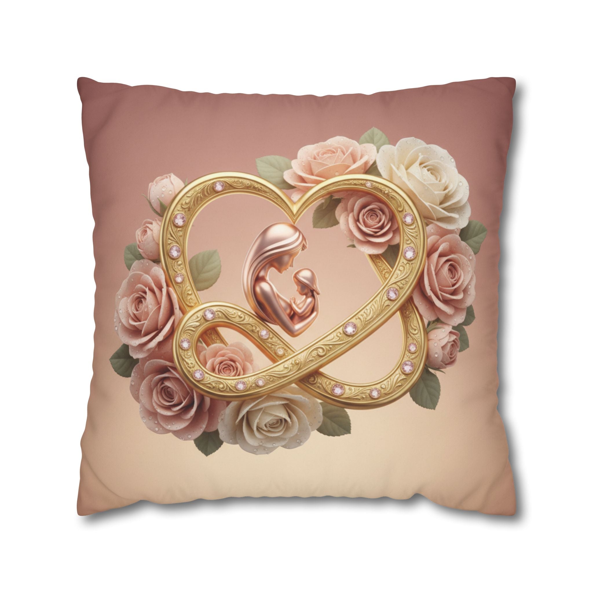 Mother & Baby Heart Decorative Pillowcase — Floral Rose Infinity Design