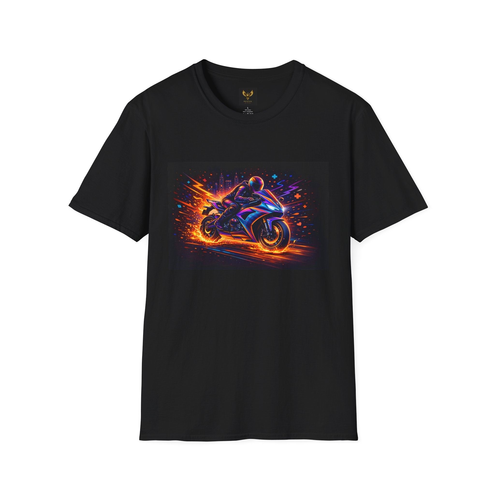 Motorcycle Flames T-Shirt Black t-shirt with a colorful motorcycle graphic