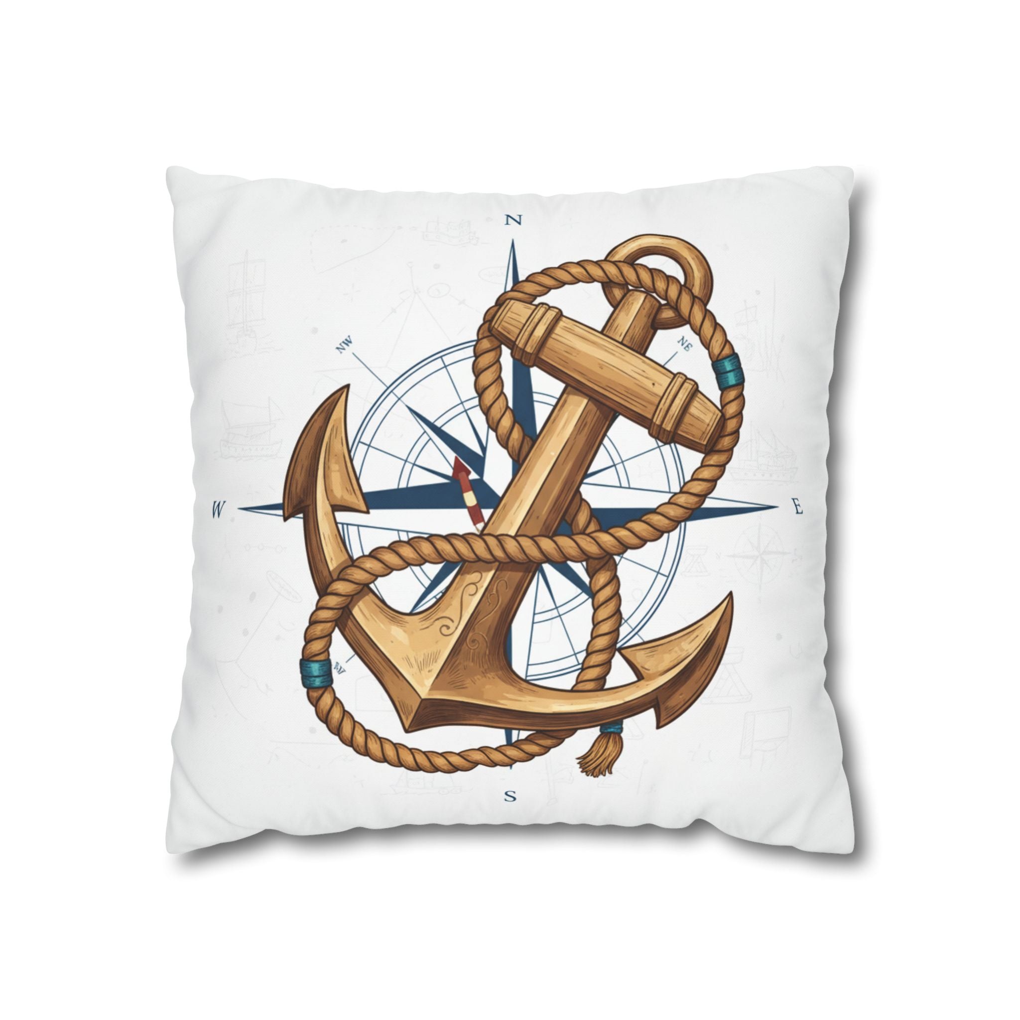 Nautical Anchor & Compass Square Pillowcase — Coastal Sailor Decorative Throw Pillow