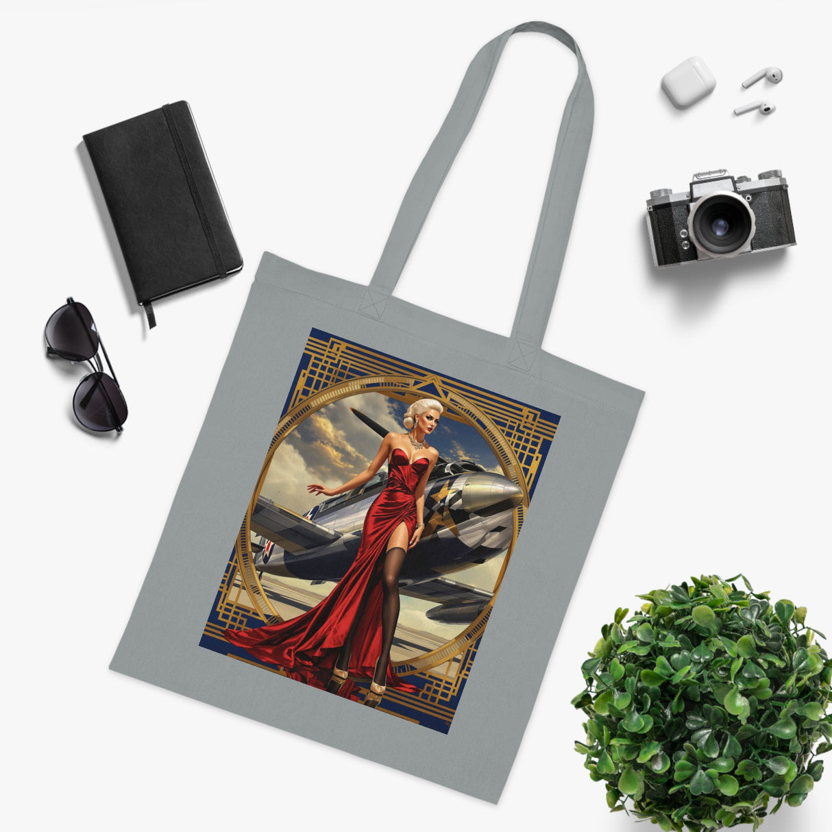 Side view of the Vintage Pinup Tote Bag, illustrating its graceful design and artistic representation of retro glamour.