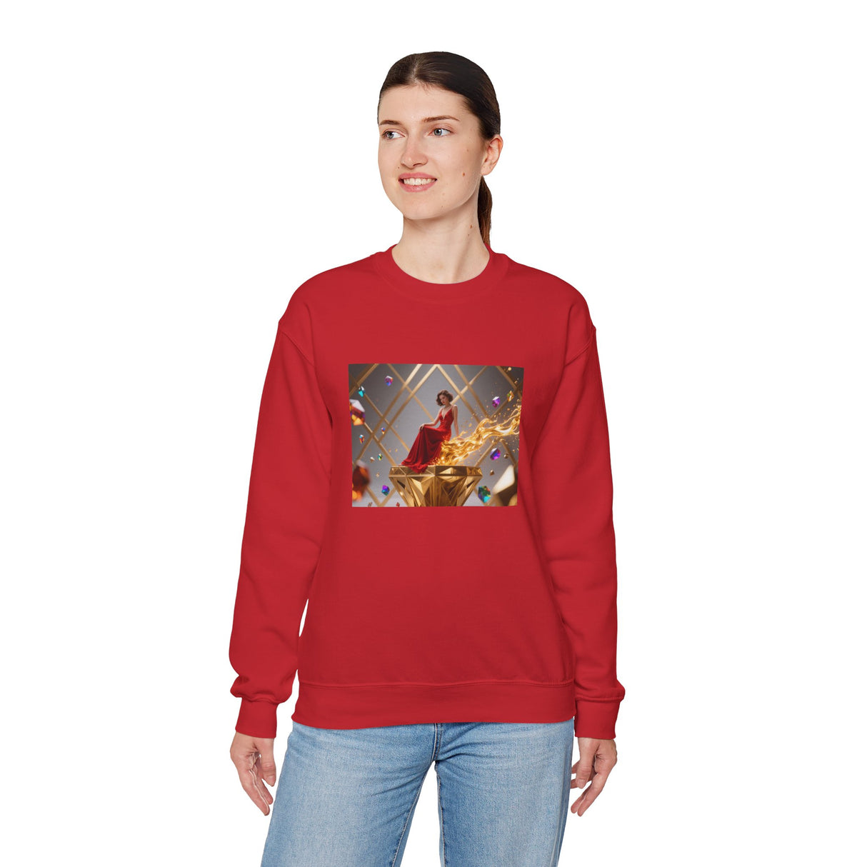 Crewneck Sweatshirt — Elegant Red Gown Art Print (Regal Celebration) showcasing relaxing fit and vibrant art of a red dress under spotlight.