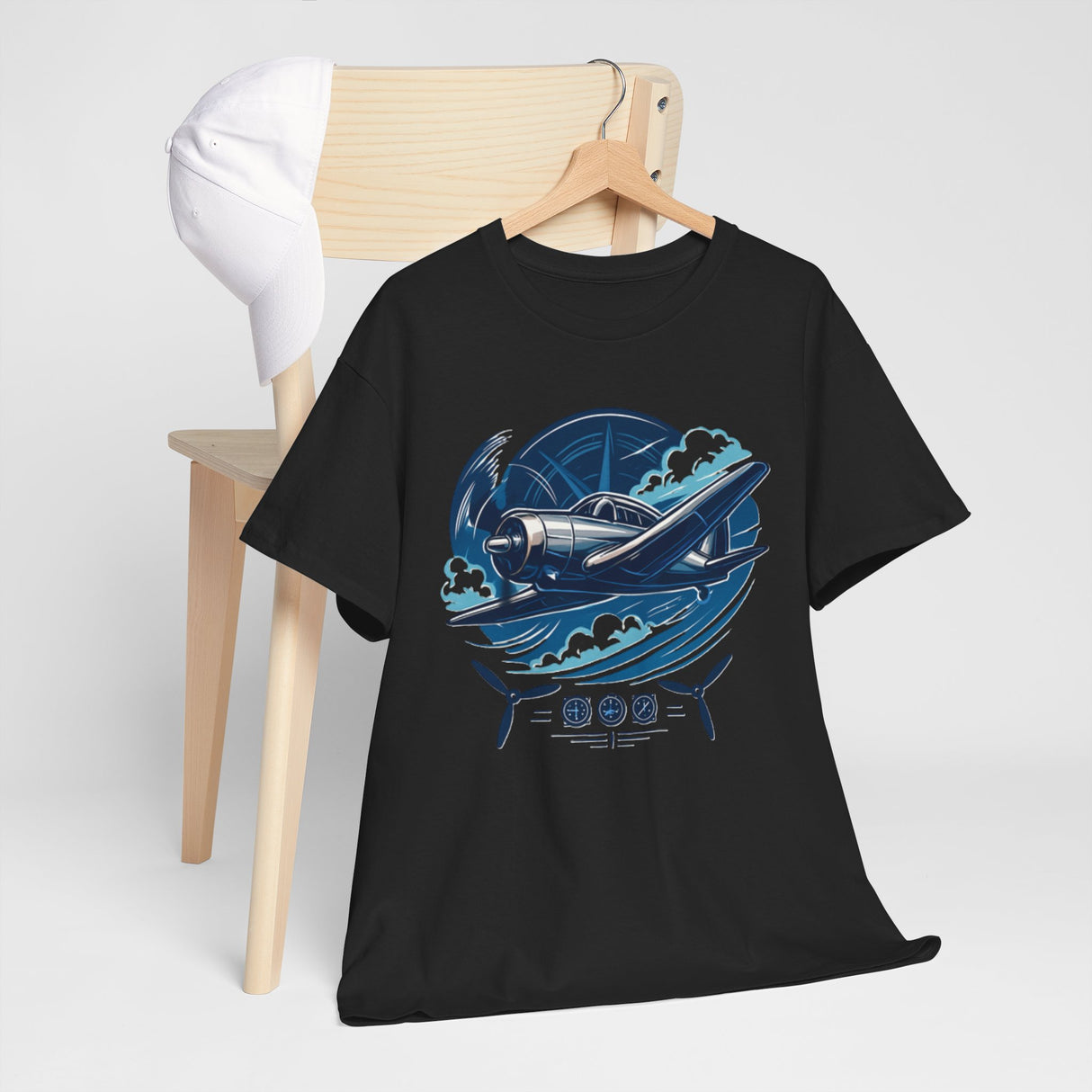 Detailed view of the vintage prop plane design on the Vintage Airplane Graphic Tee.