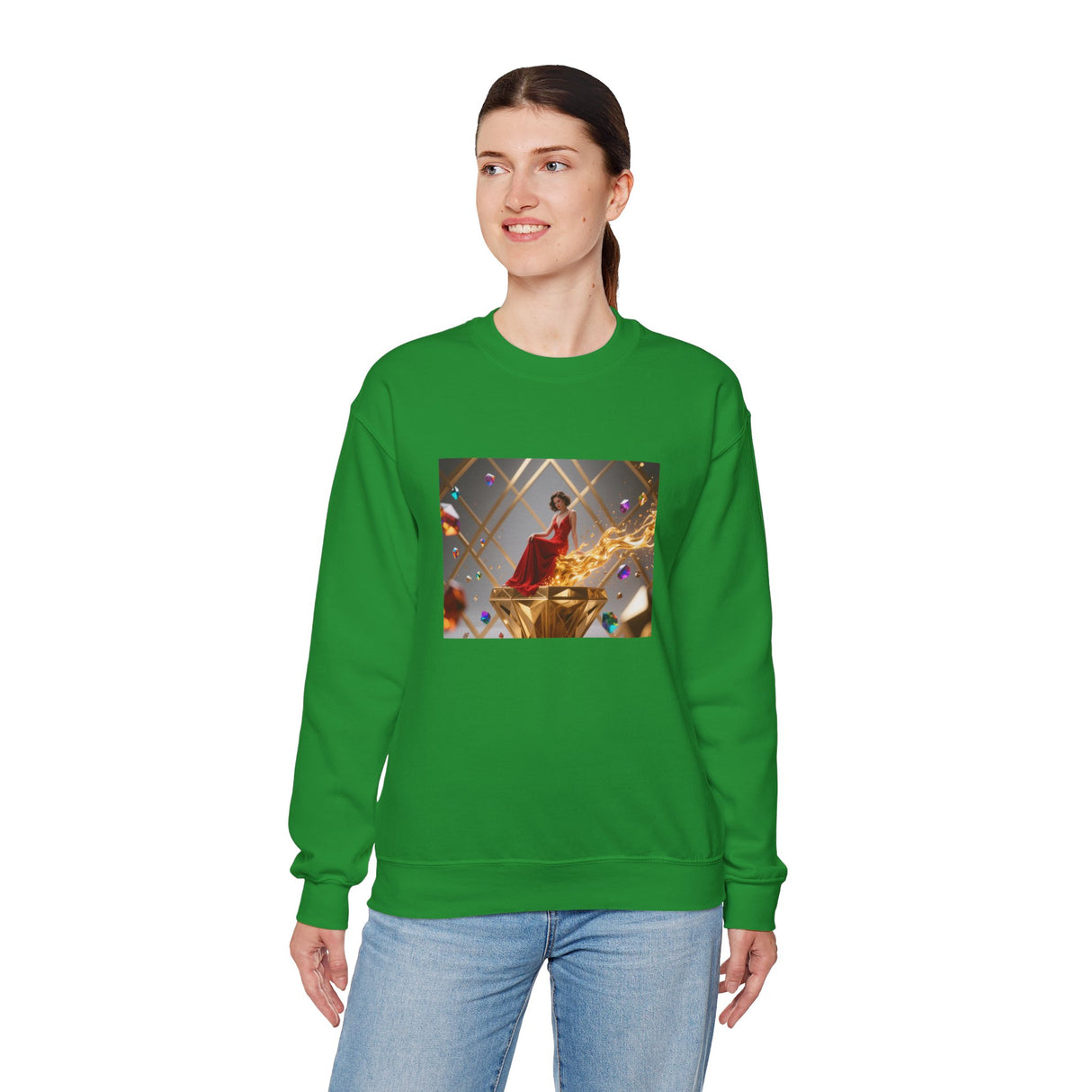 Crewneck Sweatshirt — Elegant Red Gown Art Print (Regal Celebration) showcasing the blend of warmth in fabric and beauty in design.