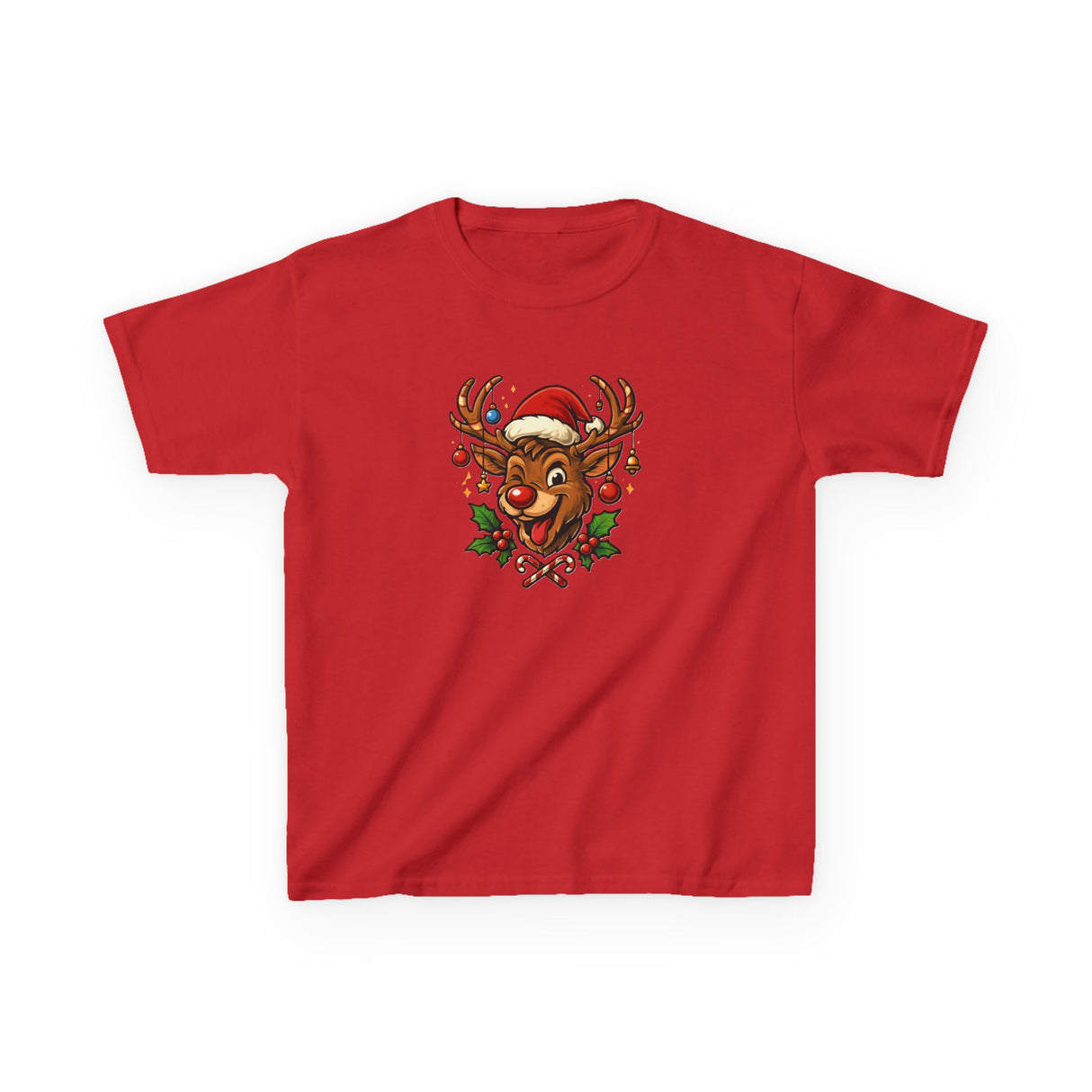 Kids Christmas Reindeer Tee — Cute Santa Hat Rudolph Holiday Shirt in a cozy indoor winter setting.