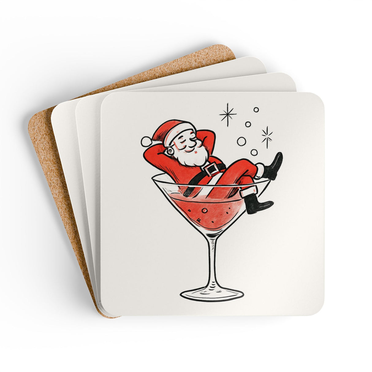 Lifestyle image of the Christmas Santa in Cocktail Corkwood Coaster Set on a table setting, enhanced with festive drinks and cheerful decor.