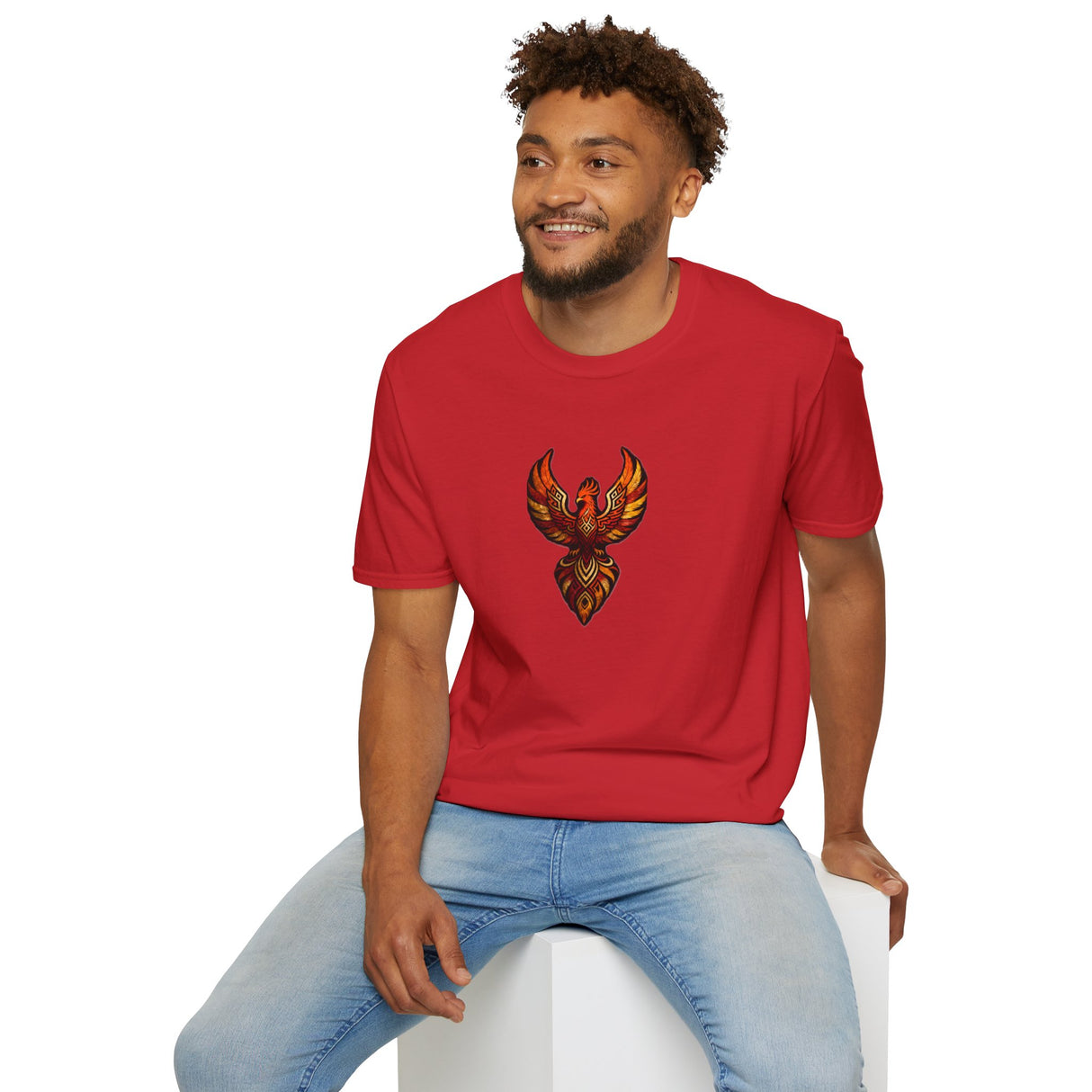 Phoenix Tribal Graphic T-Shirt Fiery Bird Design Tee in urban setting, featuring a vibrant phoenix design red