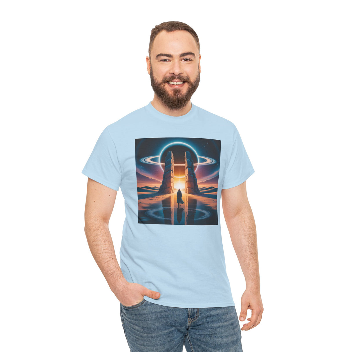 A person browsing through a collection of vinyl records while wearing the Cosmic Bridge Graphic Tee.