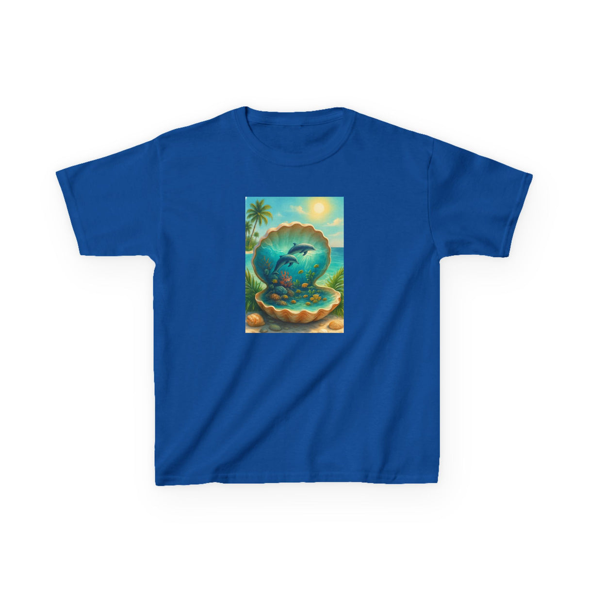 Kids Tee — Ocean Pearl Dolphin Shell Beach Graphic elegantly folded to highlight the design and fabric quality.