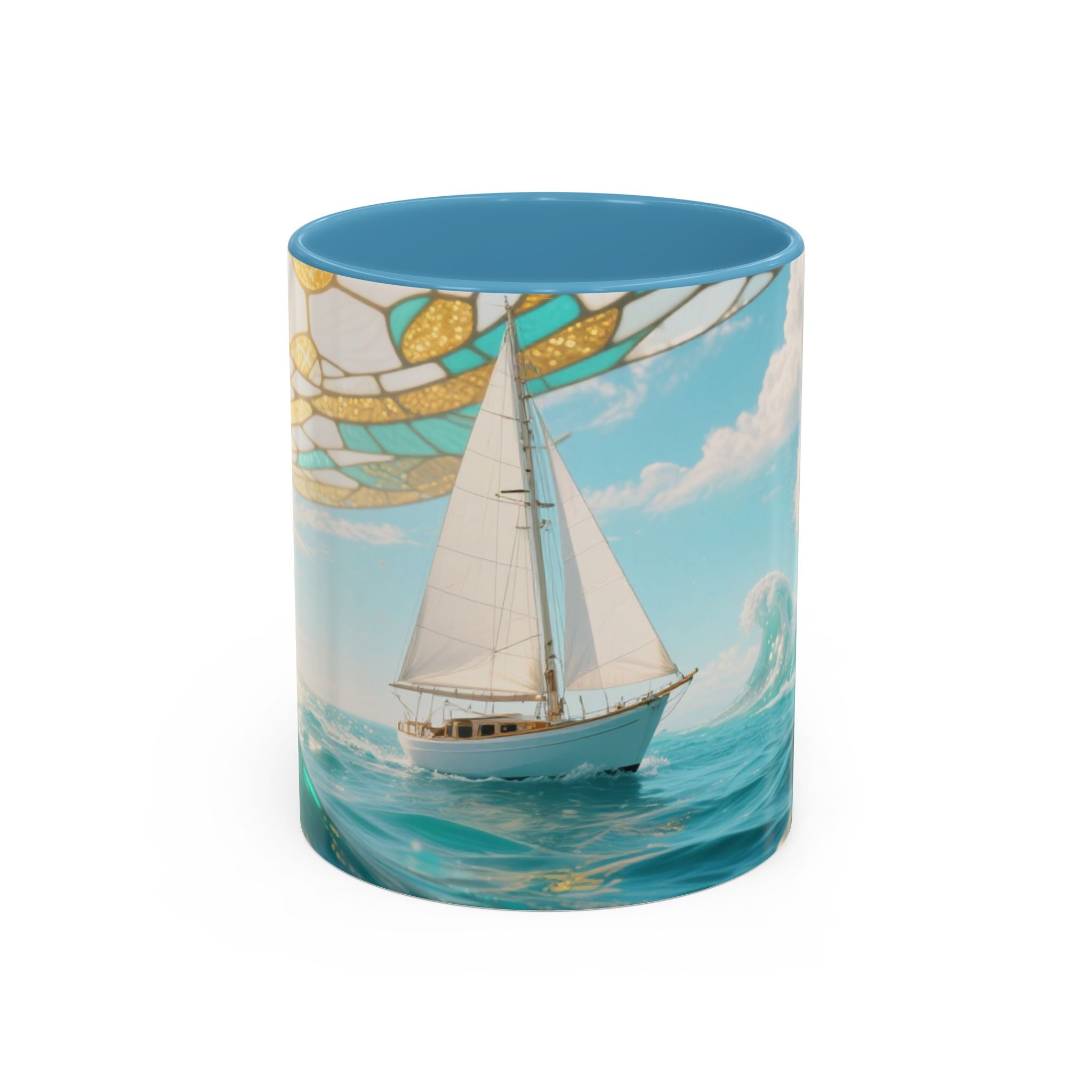 Sailboat Ocean Waves Accent Coffee Mug — Nautical Sea Morning Tea Cup US