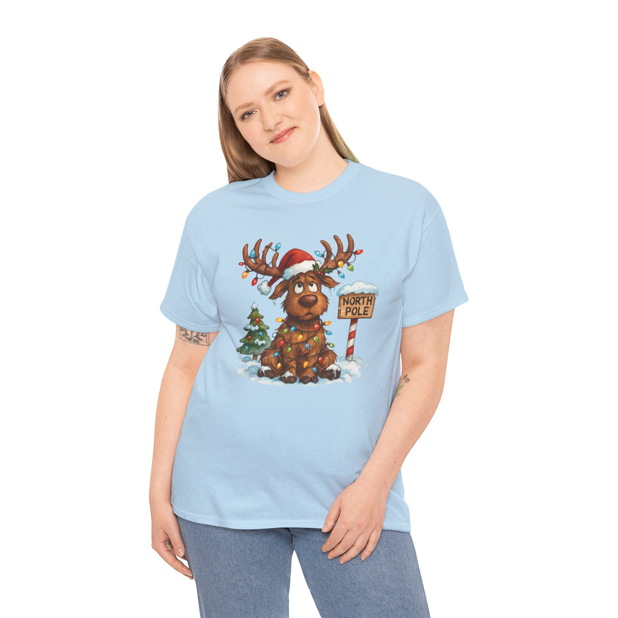 Casual outfit idea featuring the Christmas Reindeer Tee to brighten up winter gatherings.