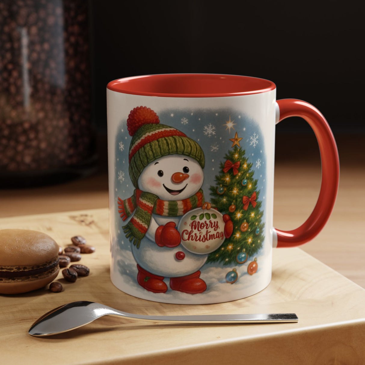 Christmas Snowman Coffee Mug displayed on a cozy winter windowsill, adding a festive touch to the decor.