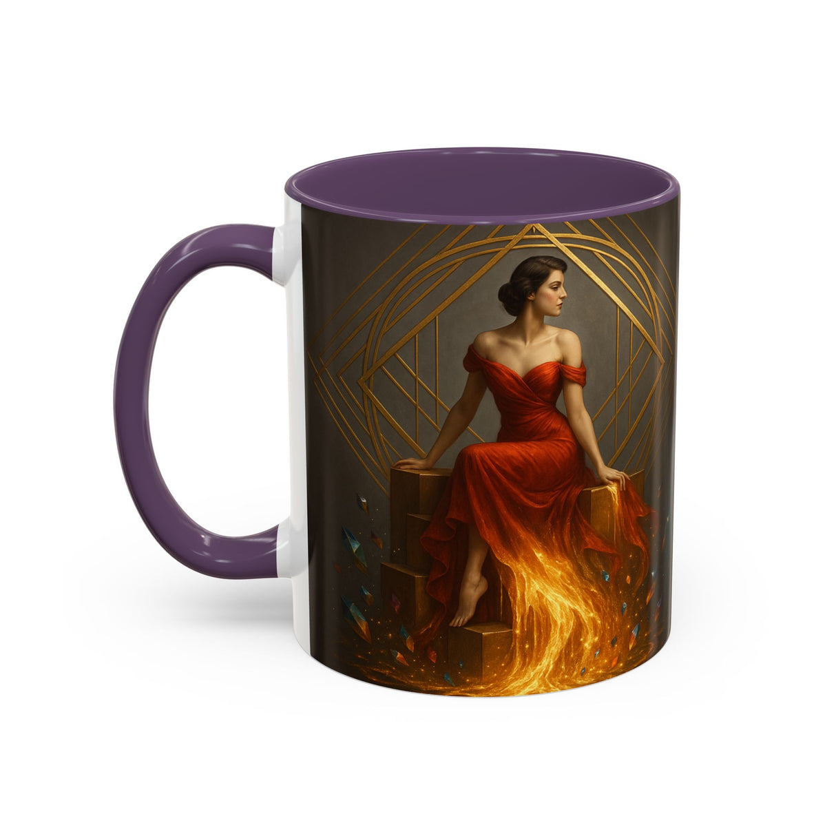 Fiery Goddess Accent Coffee Mug styled on a dining table, adding elegance to any setting.