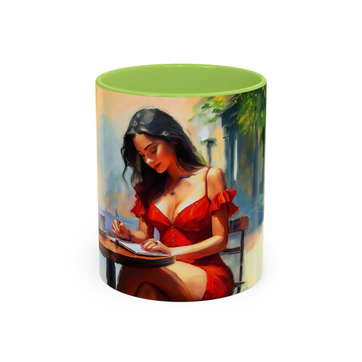 Artistic Red Dress Accent Coffee Mug - 11oz presented on a stylish kitchen counter with tea