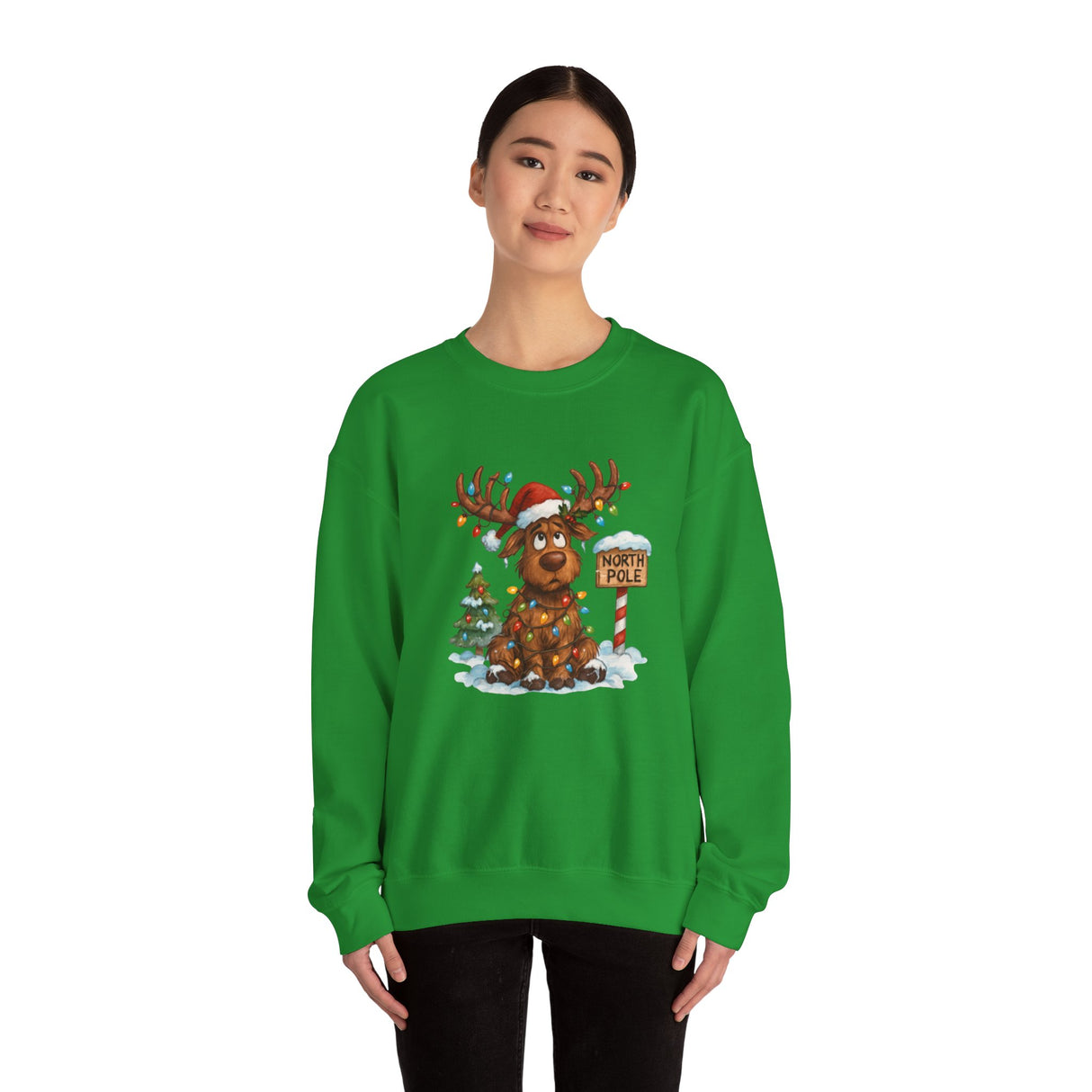 Cute North Pole Holiday Sweater Women Sweatshirt displaying a happy reindeer with a Santa hat.