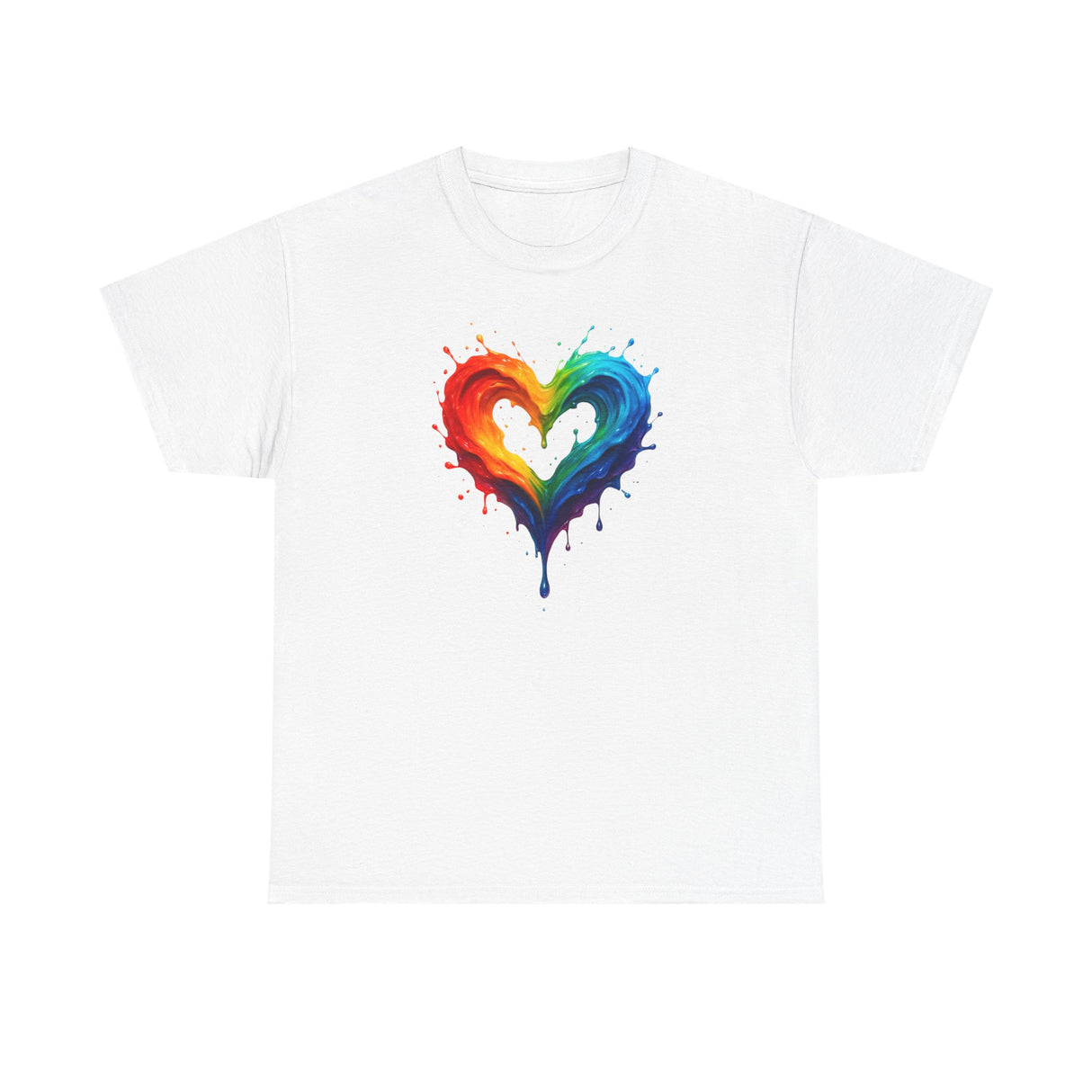 Close-up of the colorful heart detail on the Rainbow Drip Heart T-Shirt, emphasizing the artistic watercolor style.