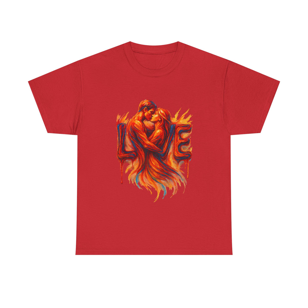 Flat lay of the Love Flames Graphic Tee — Fiery Embrace Romantic Couple T-Shirt showcasing its vibrant color and design.