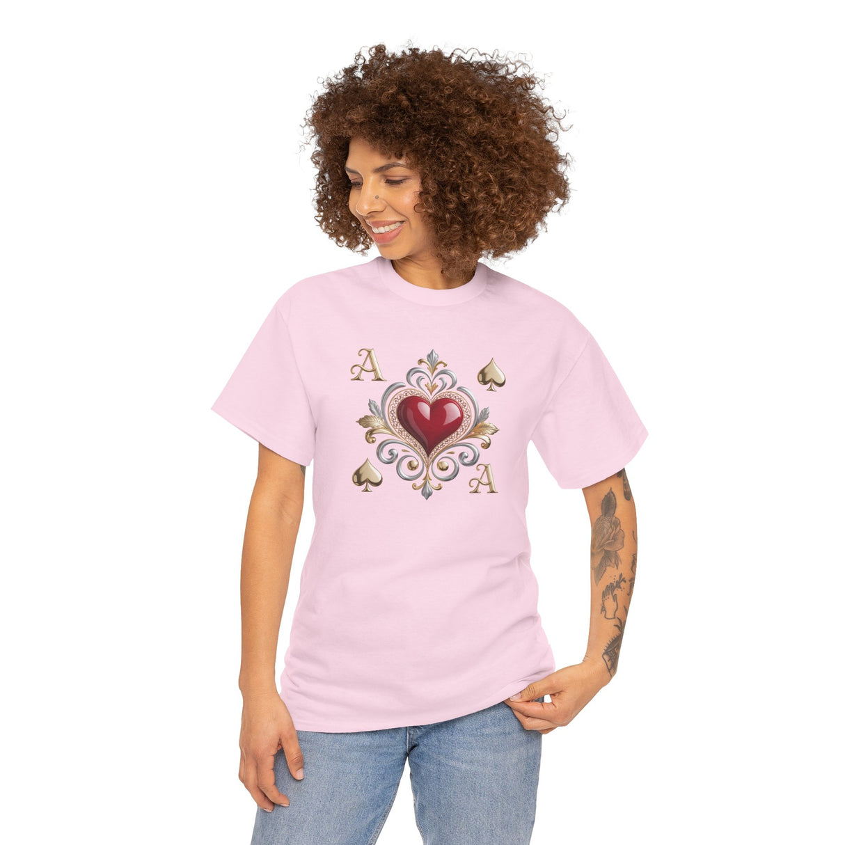 Flat lay of the Ace of Hearts T-Shirt on a wooden table, highlighting the soft cotton fabric and stylish design.
