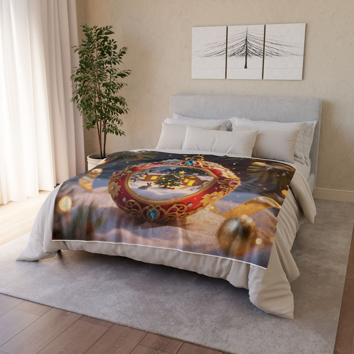 Christmas Ornament Holiday Blanket — Cozy Festive Throw featuring a beautiful snowy village design, suited for both festive decor and comfort.