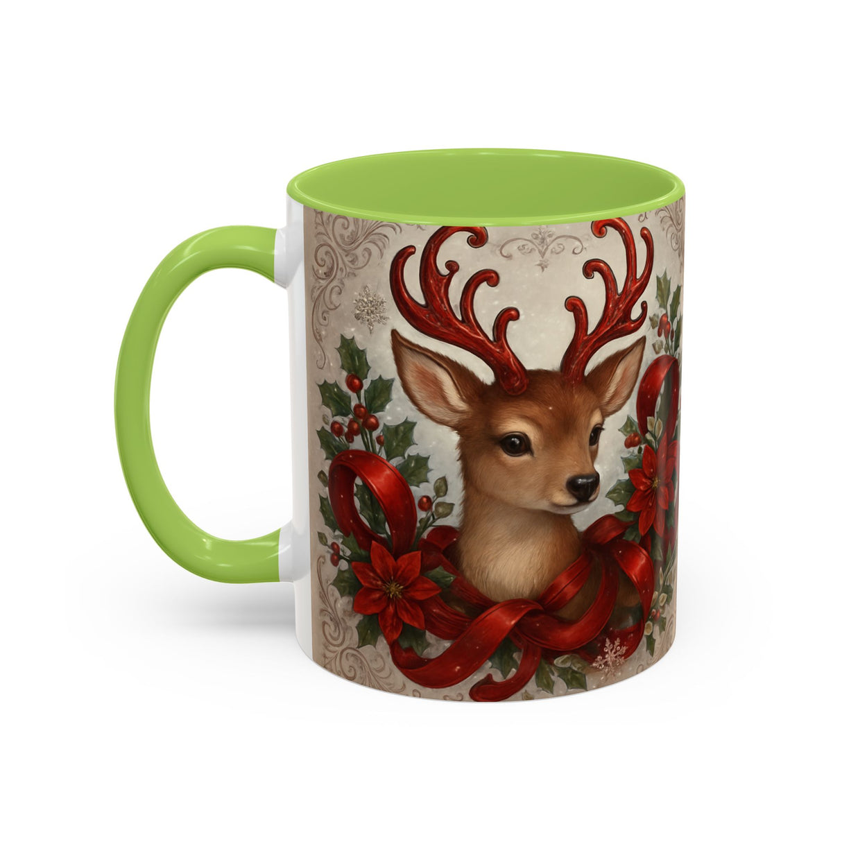The Christmas Reindeer Coffee Mug elegantly placed on a desk, inspiring holiday warmth during work.