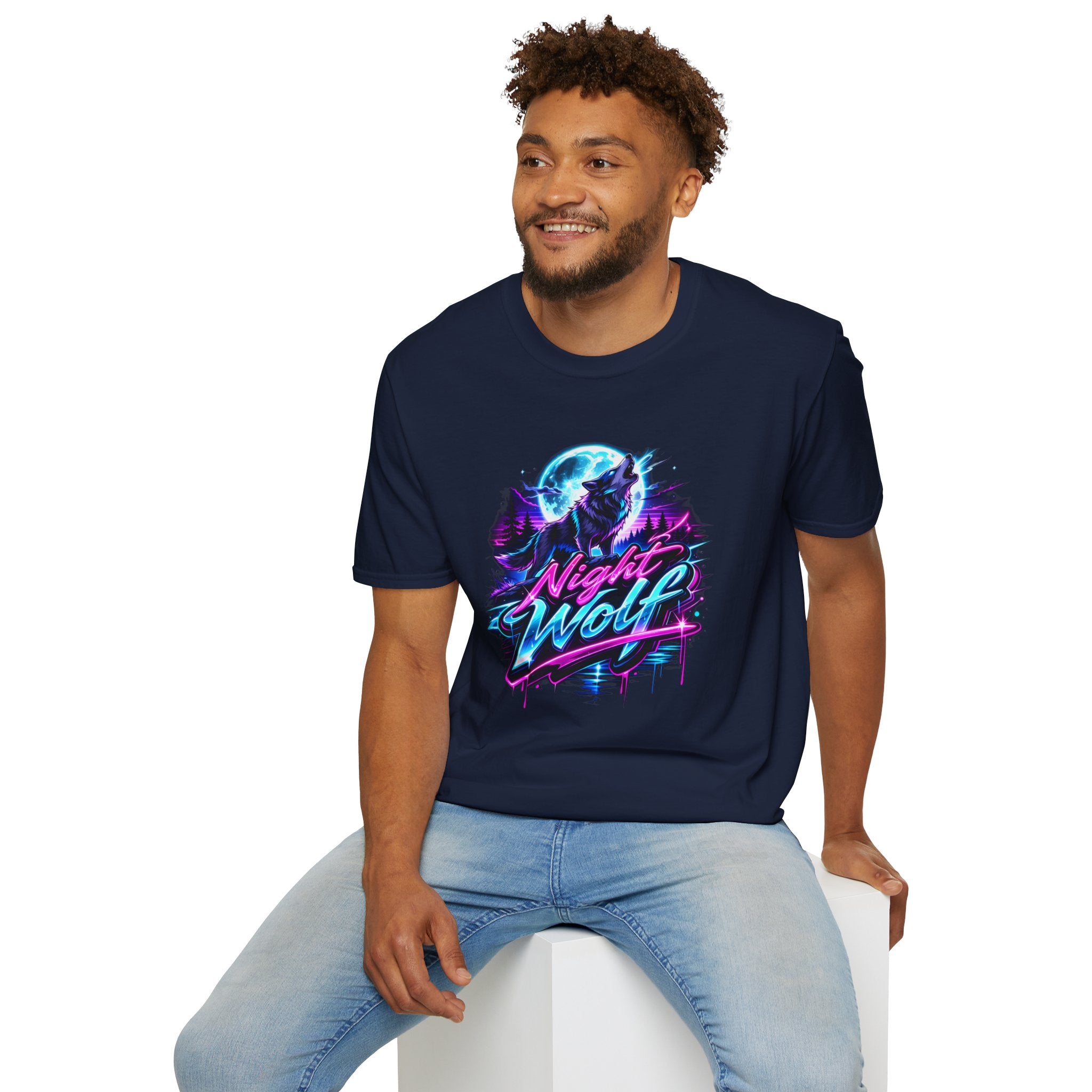 Night Wolf T-Shirt Retro Neon Wolf Graphic Tee Dark blue